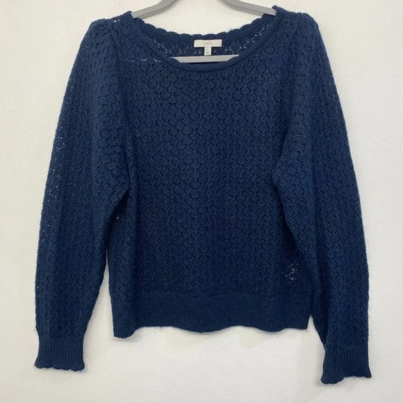 Joie Moxya Pointelle Puff Sleeve Sweater Knit Women's L Scallop Jumper Navy Blue - Picture 5 of 9